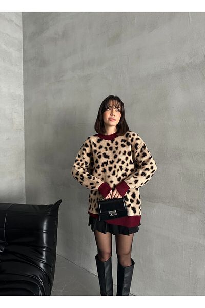 Lavanta Tekstil Pulover cu decolteu roșu Claret cu model leopard