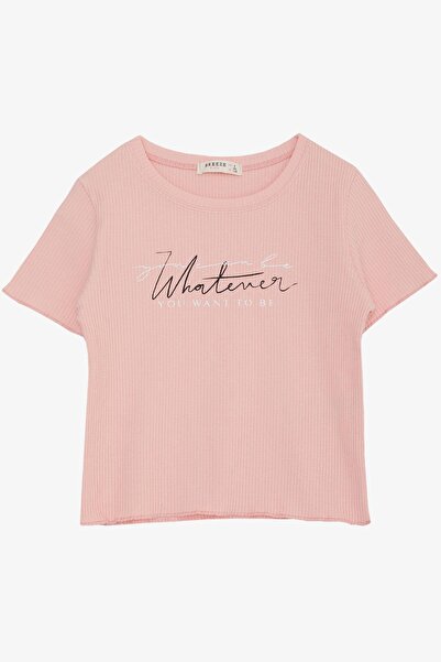 Breeze Κοριτσίστικο T-Shirt Κείμενο εμπριμέ με ραβδώσεις 8-14 ετών, σολομός