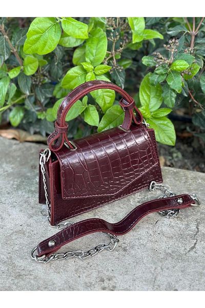 Glemix Geantă de mână și de umăr pentru femei Zeus Claret Red Croco Chain Strap