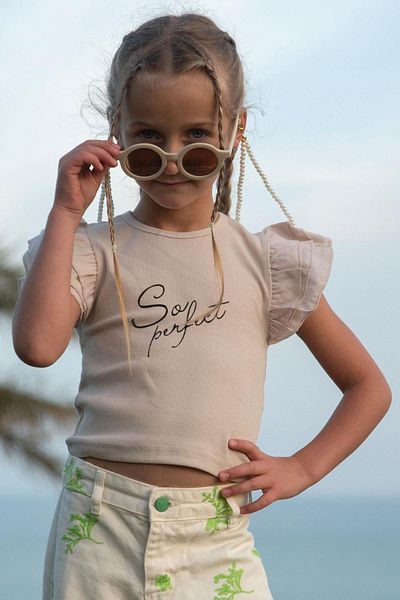 Breeze Girl's T-Shirt Belt Length Sleeves Crepe Fabric Ruffle Age 3-7, Beige