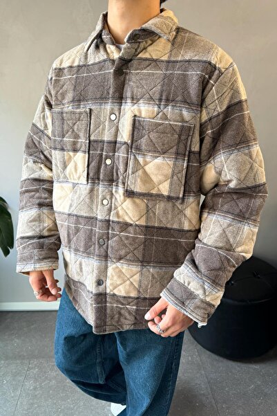 Flaw Wear Μπουφάν με καρό σχέδιο με λεπτομέρεια τσέπης μπεζ oversized