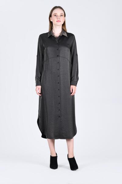 la luce Siyah Gömlek Yaka Parlak Midi Elbise - LE412