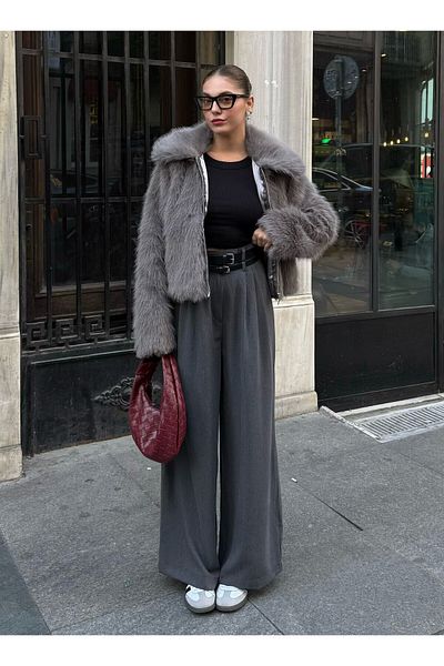 Laluvia Anthracite Grace Belted Wide Leg Trousers- 300001
