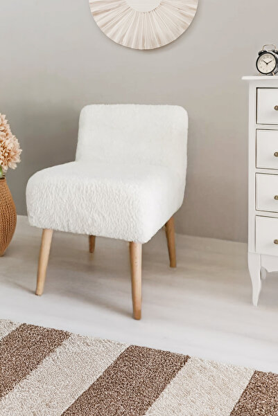YAPKAR Rahat Oturum Alanlı Retro Gürgen Ahşap Ayaklı Beyaz Teddy Kumaş Lüx Pu...
