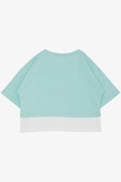 Breeze Tricou crop pentru fetiță, cu fante laterale și text imprimat, 9-14 ani, verde apă