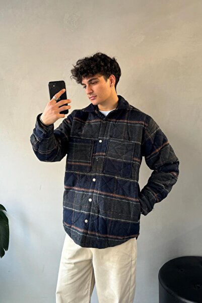 Flaw Wear Ekose Desen Cep Detay Oversize Ceket Lacivert