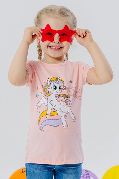 Breeze Kız Çocuk Tişört Sihirli Unicorn Baskılı 1.5-5 Yaş, Somon