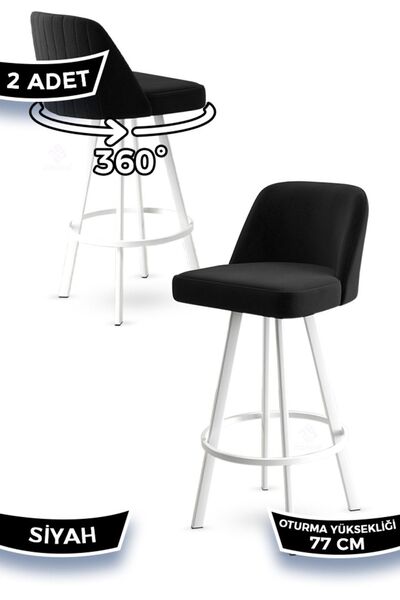 Canisa Atex Serisi 2 Adet Siyah Bar Sandalyesi 360°c Döner Bar Sandalyesi Bab...