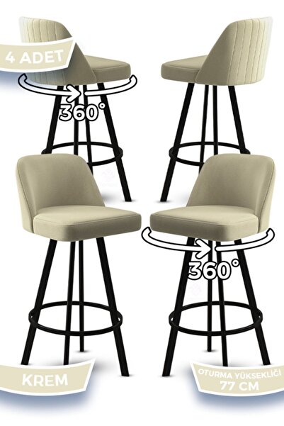 Canisa Atex Serisi 4 Adet Krem Bar Sandalyesi 360°c Döner Bar Sandalyesi Baby...