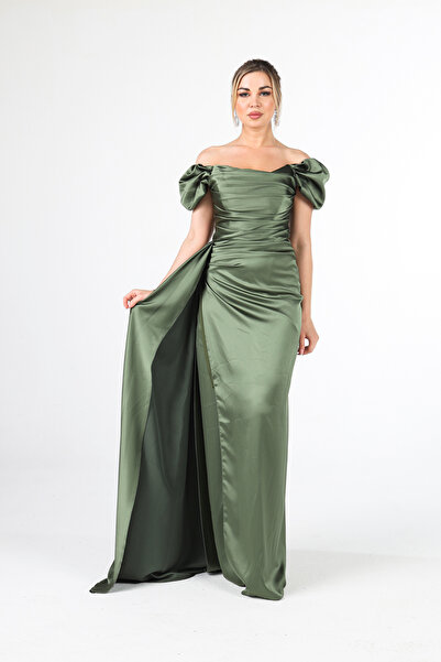 Feminist Drape Detaylı Saten Kumaş Abiye Elbise Haki 9704858