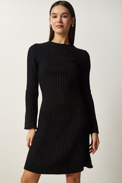 10NUMARAMODA NUMĂR 10 FASHION Rochie neagră de iarnă pentru femei, cu decolteu rotund, evazată