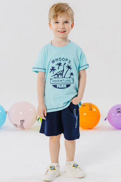 Breeze Boy's Suit with Shorts Adventure Park Dinosaur Printed Embossed Lettering 2-6 Years, Light Blue