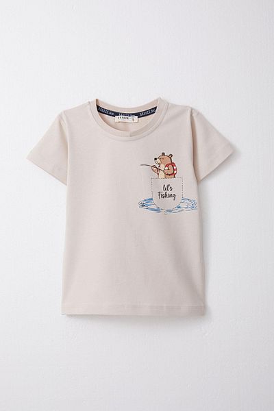 Breeze 1.5-5 Years Old Boy Beige Shorts Set - Fish Holding Teddy Bear Printed