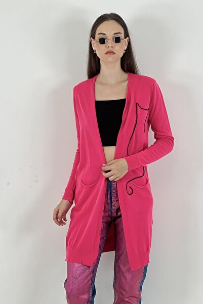 Miss Poem Fuchsia Women's Cardigan - Leather Embroidered and Detailed