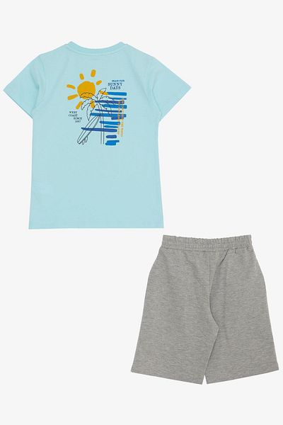 Breeze 4-9 Years Boy's Shorts Set - Holiday Themed and Text Printed, Light Blue