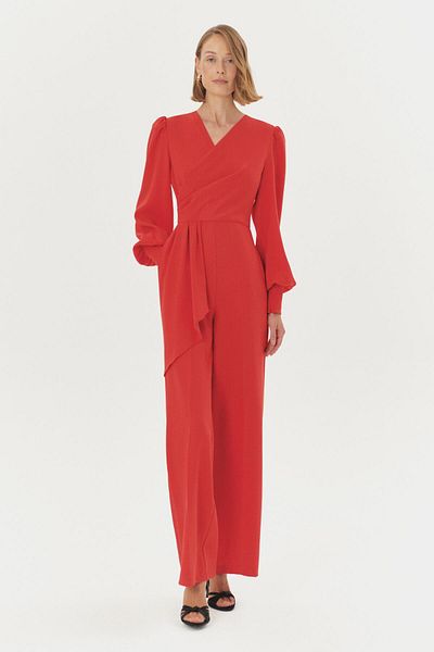 Exquise Double-Breasted Collar Red Jumpsuit