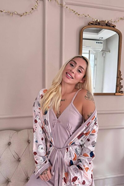 Pijamaevi Purple Aydede Patterned Thermal Nightgown Dressing Gown Women's Pajamas Set