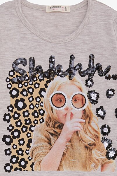 Breeze Κοριτσίστικο μακρυμάνικο μπλουζάκι με παγιέτες για κορίτσια με στάμπα 3-8 ετών, μπεζ μελανζέ