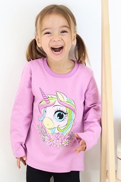 Breeze Kız Çocuk Uzun Kollu Tişört Unicorn Baskılı 1.5-5 Yaş, Lila