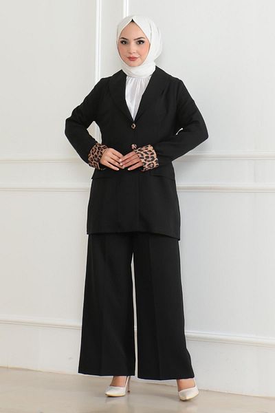 Modamihram Black Leopard Print Suit - 19218