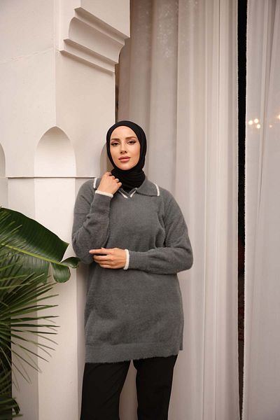 Nefise Striped Shirt Collar Tunic