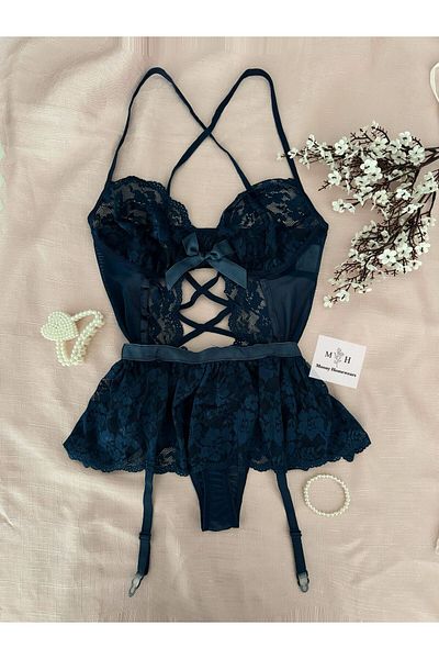 MH Moony Homewears Комплект секси жартиери в тъмносин цвят