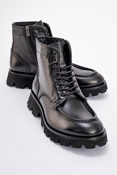 MARCOMEN Men's Thick Sole Lace up Zippered Casual Boots Real Leather Mc 20235 Black