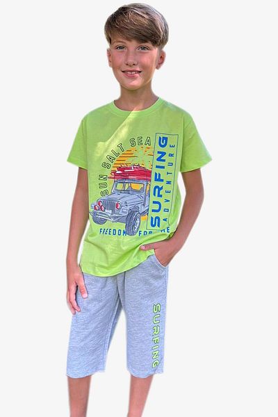 Breeze 5-10 Years Old Boy's Shorts Set - Car Print, Pistachio Green