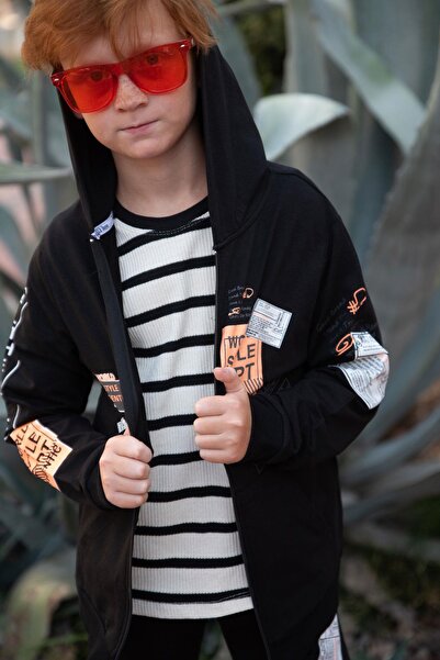 Breeze Φόρμα για αγόρι με κουκούλα τυπωμένο κείμενο 7-12 ετών, μαύρο