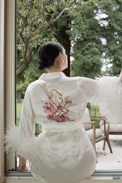 Mita Concept White Camel Bird Feather Chimono-Pant Suit