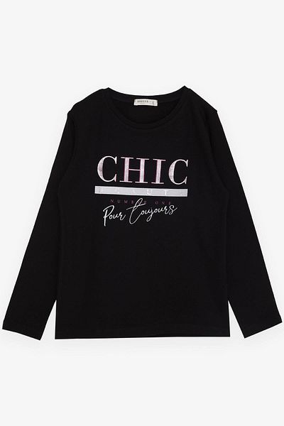 Breeze Tricou cu mânecă lungă pentru fetiță, cu text cu sclipici imprimat, 9-14 ani, negru