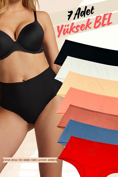 red iç giyim Women's High Waist Cotton Panties - Pack of 7 (Large Size-Battal-Bato)