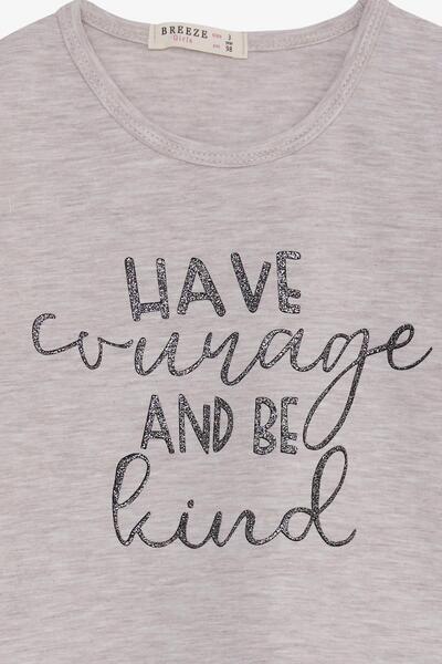 Breeze Κοριτσίστικο μακρυμάνικο μπλουζάκι με ασημί κείμενο τυπωμένο 3-7 ετών, μπεζ μελανζέ