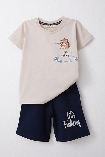 Breeze 1.5-5 Years Old Boy Beige Shorts Set - Fish Holding Teddy Bear Printed