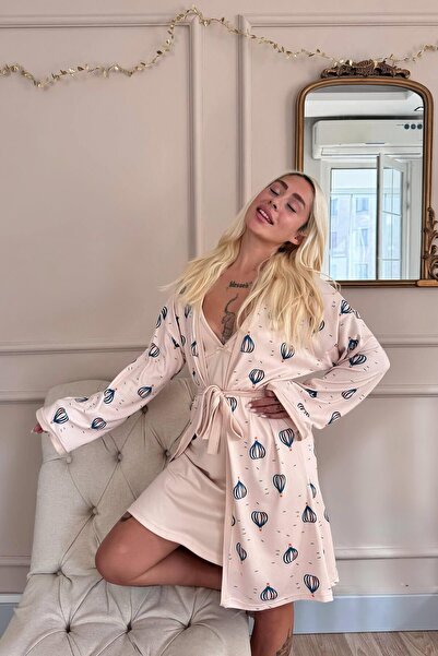 Pijamaevi Жіночий комплект нічної сорочки-піжами з візерунком у вигляді повітряної кулі з екрю