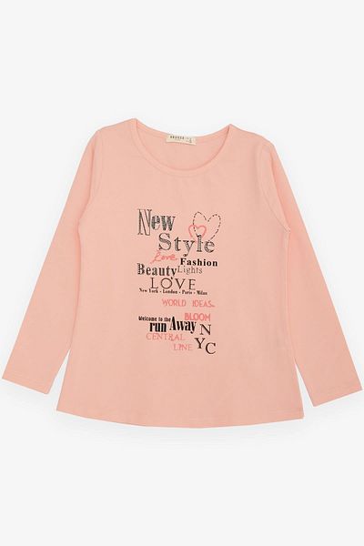 Breeze Tricou cu mânecă lungă pentru fetiță, text cu tematică de modă imprimat 6-12 ani, somon