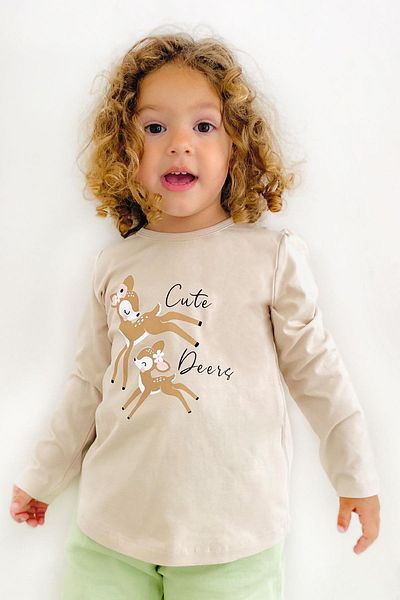 Breeze Girl's Long Sleeve T-Shirt Cute Deers Printed 2-6 Years, Beige