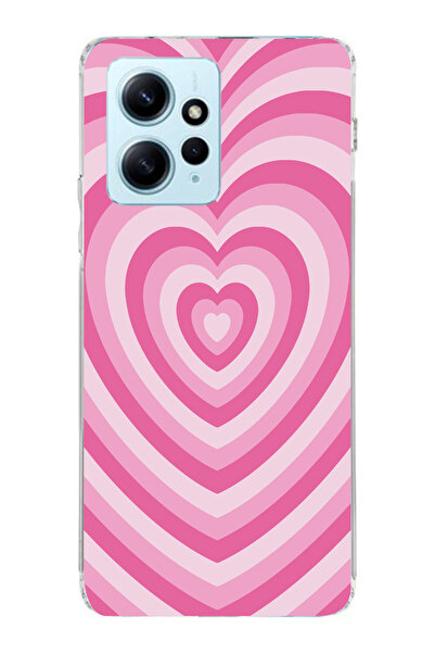 moonset Xiaomi Redmi Note 12 4G Uyumlu Pembe Kalp Tasarımlı Baskılı Şeffaf Te...