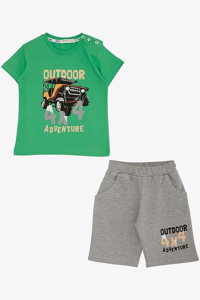 Breeze 1.5-5 Years Boy Green Shorts Set - Adventure Themed and Car Printed