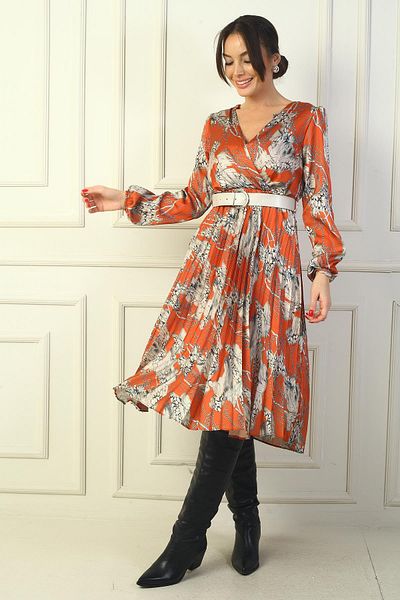 By Saygı Rochie din satin plisată cu model leopard cu centură căptușită cu guler la două piept