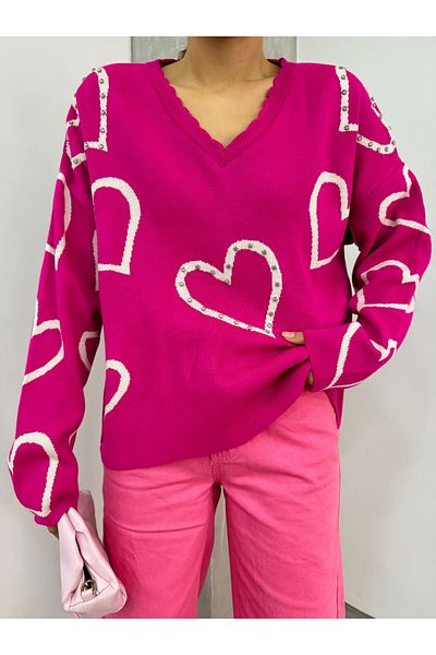 Modamorfo V-Neck Stone Knitwear Sweater -Fuchsia