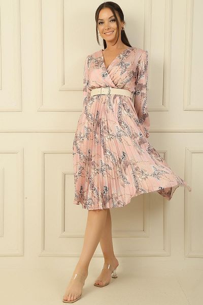 By Saygı Rochie din satin pliat cu guler dublu cu centura in talie cu model leopard