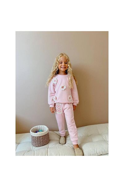 2kids2mom Set de sus și de jos din bumbac brodat cu flori din 2 fire