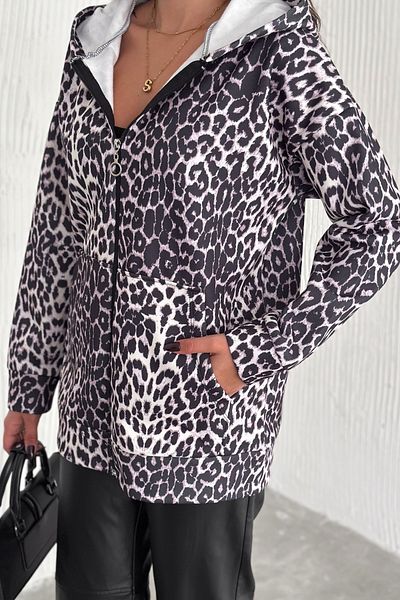 Ded COLLECTION Cardigan de damă cu glugă cu imprimeu leopard și buzunar cu fermoar
