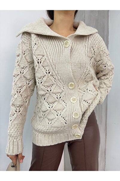 Modamorfo Openwork Buttoned Thick Cardigan - Stone