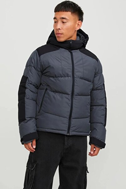 Jack & Jones Jack&jones Kapüşonlu Puffer Asfalt-siyah Erkek Suya Dayanıklı Mo...