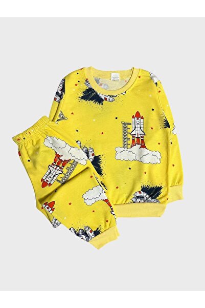 ALİŞ KİDS Fiú pamut, sárga űrhajós rakéta mintás hosszú ujjú pizsama szett