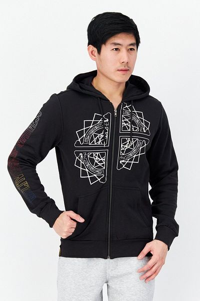 DIFUZED Men Printed Full Zip Long Sleeve Fleece Sweatshirts, Black