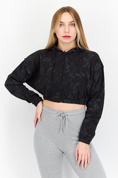 GYMSHARK Women Sportswear Fit Long Sleeve Zip Up Crop Hoodie, Black