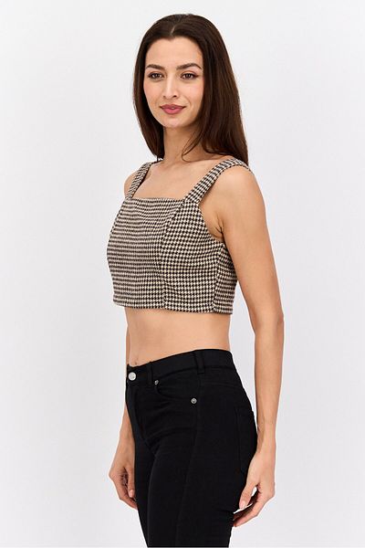 IN THE STYLE Women Square Neck Sleeveless Houndstooth Crop Top, Beige